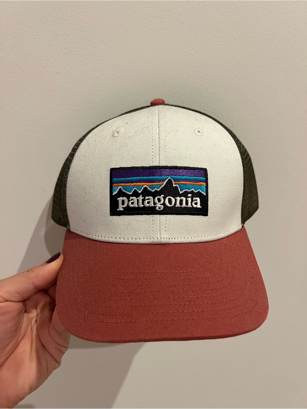 Patagonia Two-Tone Trucker Cap in White, Rust & Olive